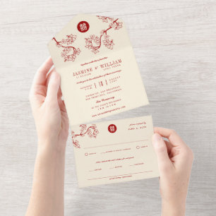 Invitation Tout En Un Peach/Plum rouge fleurs chinois double bonheur