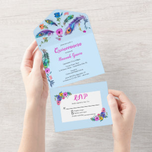 Invitation Tout En Un Peacock Feathers & Fleurs Quinceañera Baby Blue
