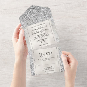 Invitation Tout En Un Pearl White Luxe Parties scintillant en argent    