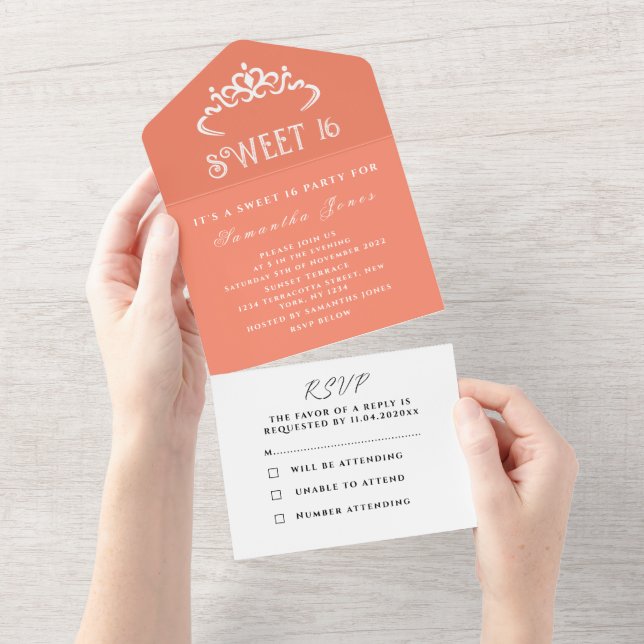 Invitation Tout En Un Pêche blanc mignonne sucré 16 Tiara Seize moderne (Déchirure)