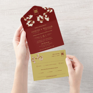 Invitation Tout En Un Pêche d'ivoire/fleurs de prune chinois double bonh