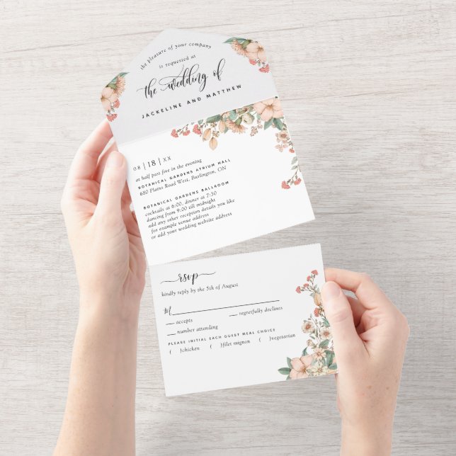 Invitation Tout En Un  Pêcher Corail Mariage Botanique Éteindre RSVP (Déchirure)