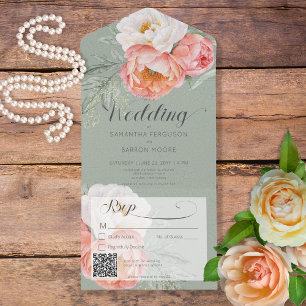 Invitation Tout En Un Peines de pêche vintages sur Sage Green QR Code