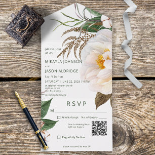 Invitation Tout En Un Peonies blanches modernes sur le code QR blanc