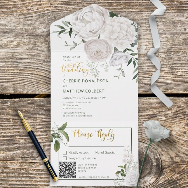Invitation Tout En Un Peonies blanches rustiques Floral Blanc QR Code (Créateur téléchargé)