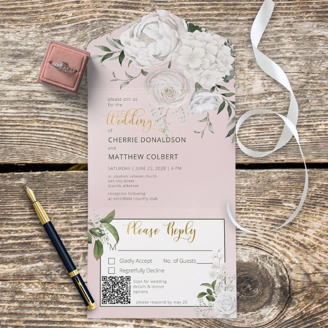 Invitation Tout En Un Peonies blanches rustiques Floral Rose QR Code (Créateur téléchargé)