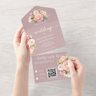 Invitation Tout En Un Peonies élégantes modernes Dusty Rose QR Code Mari