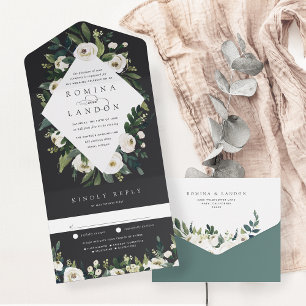 Invitation Tout En Un Peony blanc   Aquarelle Mariage de cadre Floral