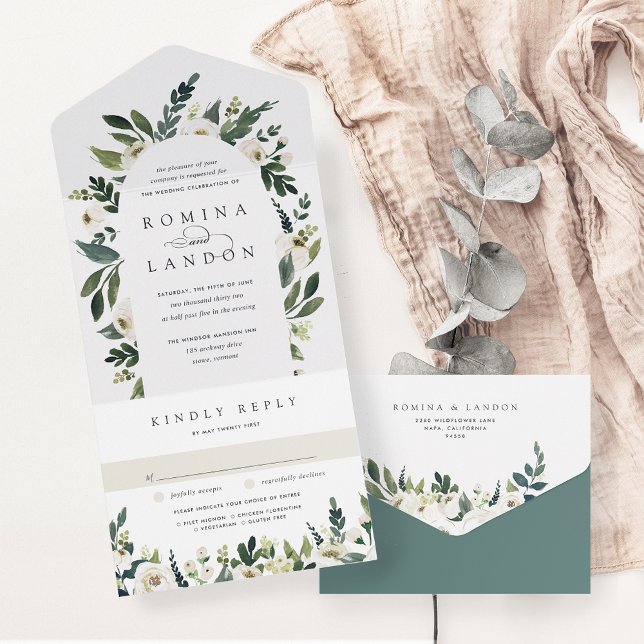 Invitation Tout En Un Peony blanc | Mariage d'arche florale aquarelle (Créateur téléchargé)