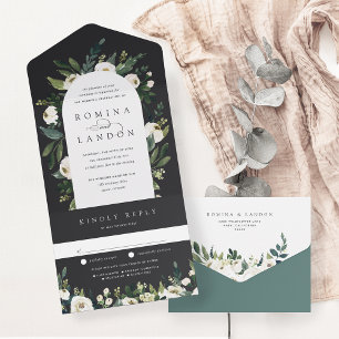 Invitation Tout En Un Peony blanc   Mariage d'arche florale aquarelle