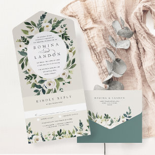 Invitation Tout En Un Peony blanc   Mariage floral de l'aquarelle du cad