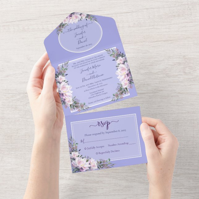 Invitation Tout En Un Peony Garden Periwinkle All in One Wedding Inviter (Déchirure)