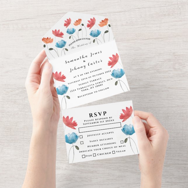 Invitation Tout En Un Pépites rouges Aquarelle Script Mariage floral (Déchirure)