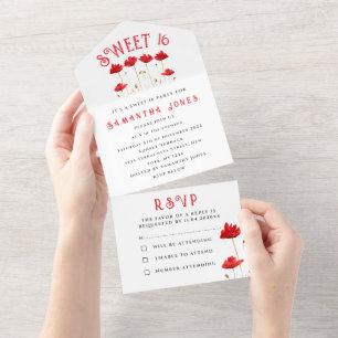 Invitation Tout En Un Pépites rouges Fleur sauvage Floral Sweet 16 Seize