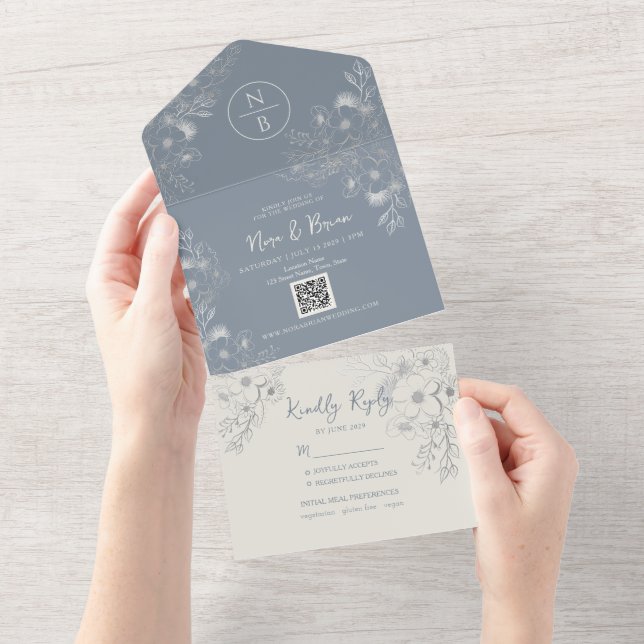 Invitation Tout En Un Périwinkle Boho Dusty Mariage bleu (Déchirure)
