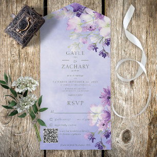 Invitation Tout En Un Périwinkle Boho violet Floral QR Code