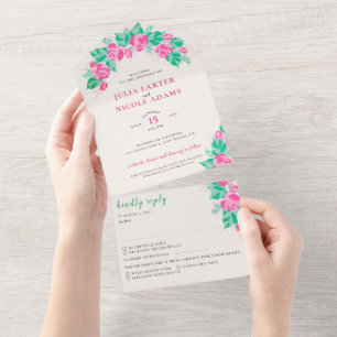 Invitation Tout En Un Pétales de rose vert rose Fleurs Jardin Mariage
