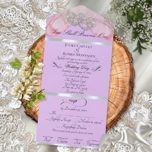 Invitation Tout En Un Pétales Romantiques & Cœurs - Lavande/Argent