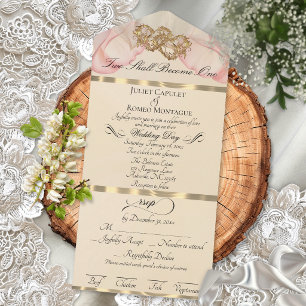 Invitation Tout En Un Pétales Romantiques & Cœurs - Pêche/Or