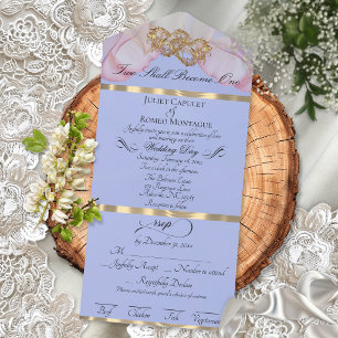 Invitation Tout En Un Pétales Romantiques & Cœurs - Perle Bleue/Or