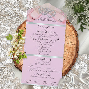 Invitation Tout En Un Pétales Romantiques & Cœurs - Perle Rose/Argent