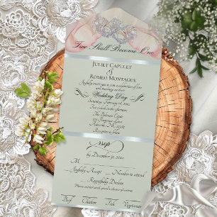 Invitation Tout En Un Pétales Romantiques & Cœurs - Sauge/Argent