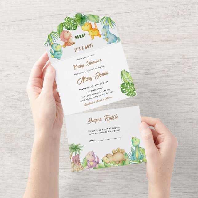 Invitation Tout En Un Petit Baby shower Dinosaur (Déchirure)