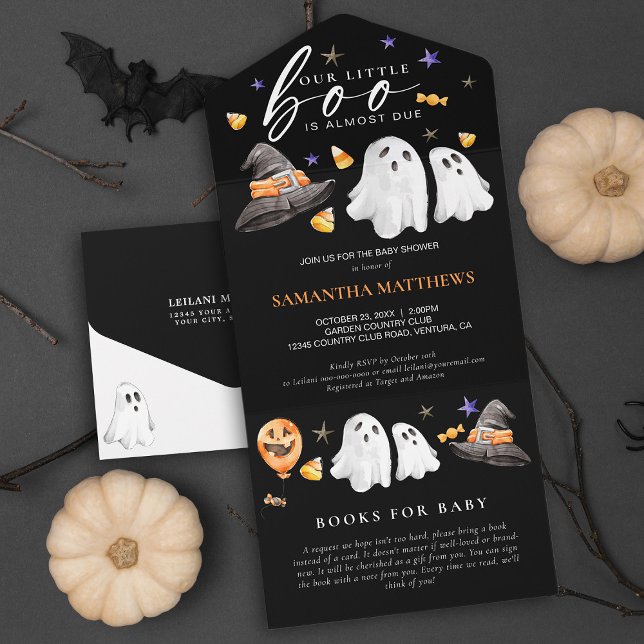 Invitation Tout En Un Petit livre Halloween Livres pour bébé noir (Revel the upcoming arrival of your little ‘boo’ with a Baby Shower invite with a diaper raffle card.)
