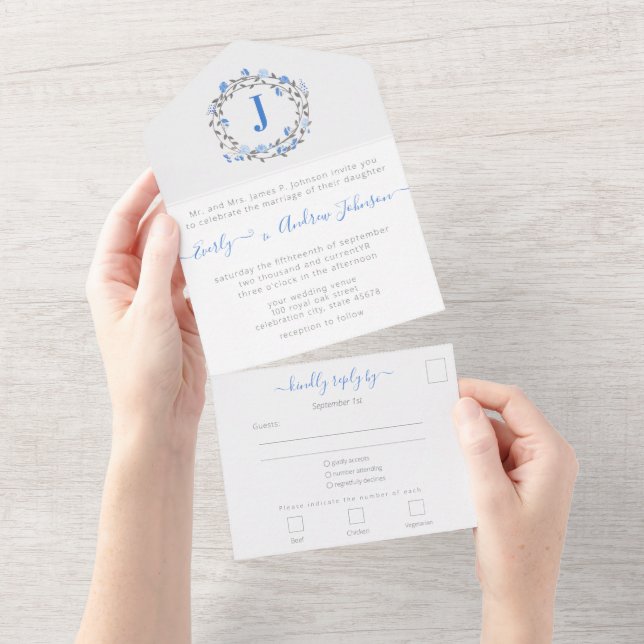 Invitation Tout En Un Photo Back Blue Peony Wreath Simple Modern (Déchirure)