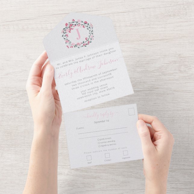 Invitation Tout En Un Photo Back Pink Peony Wreath Simple Modern (Déchirure)