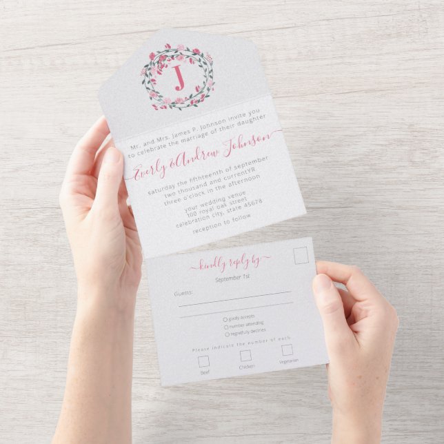 Invitation Tout En Un Photo Back Pink Peony Wreath Simple Modern Tout (Déchirure)