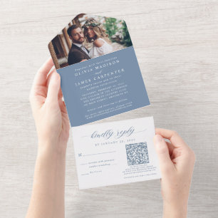 Invitation Tout En Un Photo Boho moderne RSVP QR Code Dusty Mariage bleu