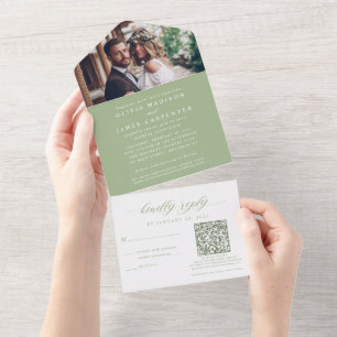 Invitation Tout En Un Photo Boho moderne RSVP QR Code Sage Mariage vert