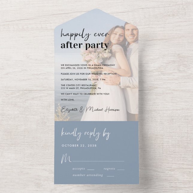 Invitation Tout En Un Photo Chic Dusty Blue Wedding Réception (À l'intérieur)