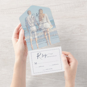Invitation Tout En Un Photo Couple moderne Mariage bleu Dusty