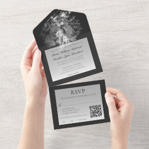 Invitation Tout En Un Photo de mariage à coup de pinceau moderne   Noir 