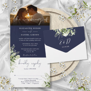 Invitation Tout En Un Photo de mariage à la verdure florale bleu marine