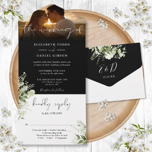 Invitation Tout En Un Photo de mariage à la verdure florale noir et blan