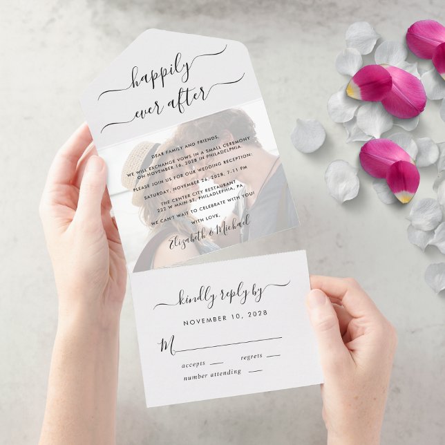 Invitation Tout En Un Photo de mariage de réception Happily Ever After (Our user-friendly template allows you to easily upload your photo and create your perfect invitation)