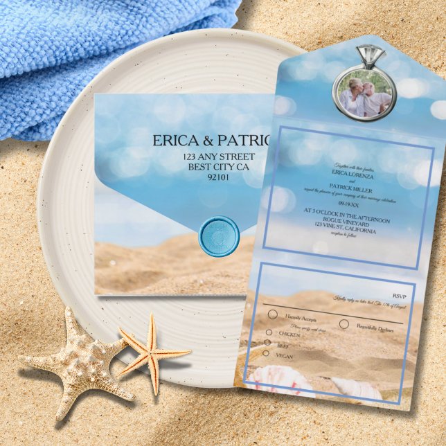 Invitation Tout En Un Photo de plage Destination Mariage tout-en-un (Créateur téléchargé)