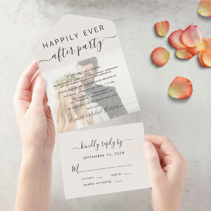 Invitation Tout En Un Photo de réception de mariage à la crème Happily E