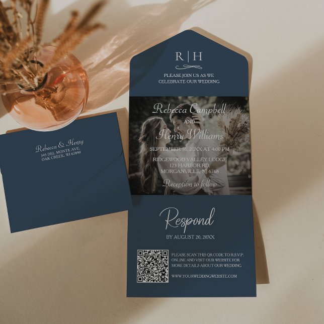 Invitation Tout En Un Photo Mariage bleu de la Marine | Code QR du monog (Save money and time. This all-in-one invitation includes a QR code for guests to easily RSVP online.)