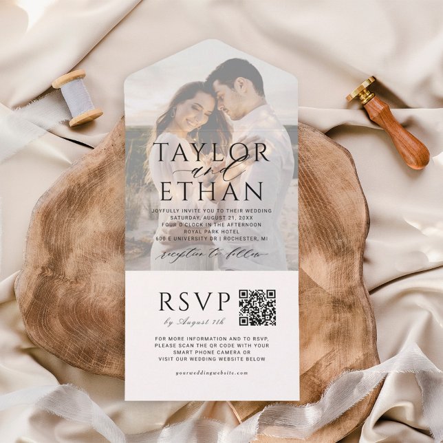 Invitation Tout En Un Photo Mariage noir moderne et élégant Code QR (Créateur téléchargé)