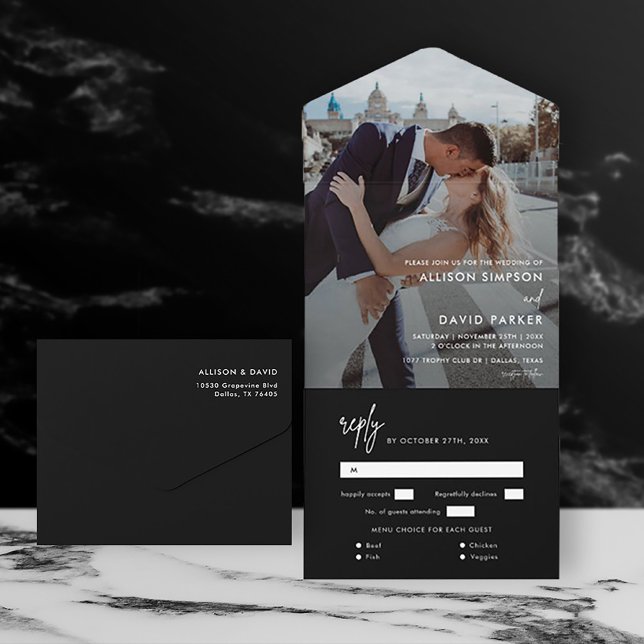 Invitation Tout En Un Photo Mariage simple en noir moderne (Créateur téléchargé)