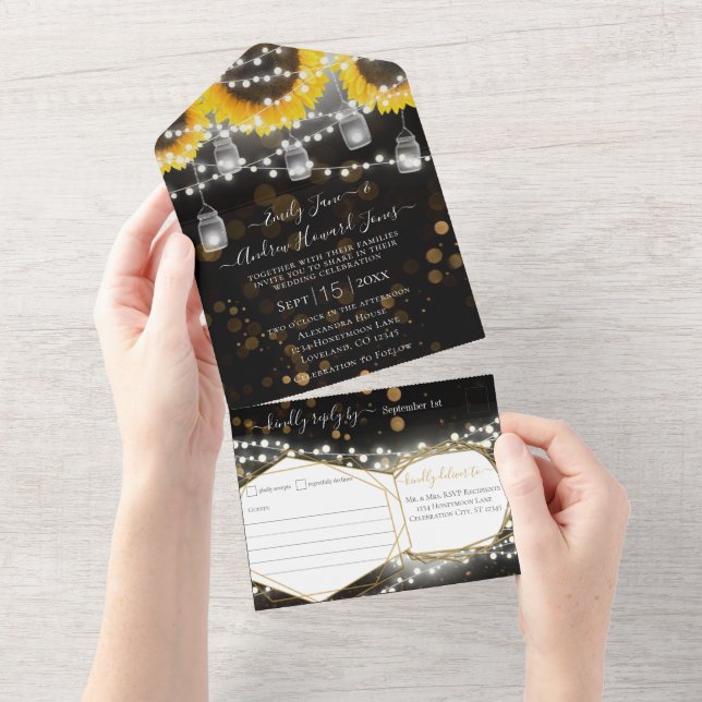 Invitation Tout En Un Photo Mason Jar Sunflower Noir & Or Mariage (Déchirure)