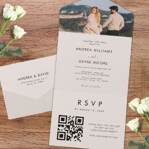Invitation Tout En Un Photo minimaliste moderne ivoire QR Code Chic Mari