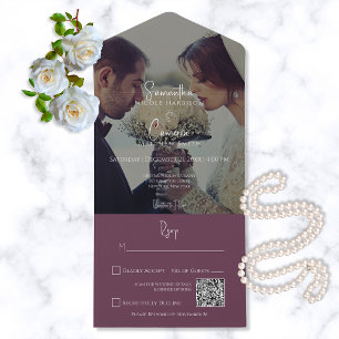 Invitation Tout En Un Photo moderne Bourgogne élégant Code QR
