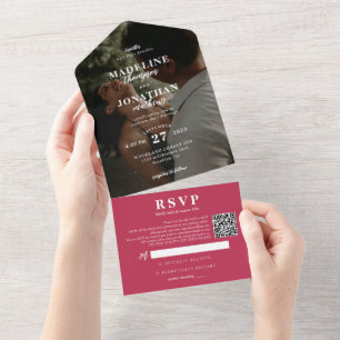 Invitation Tout En Un Photo moderne classique Magenta QR Code Mariage