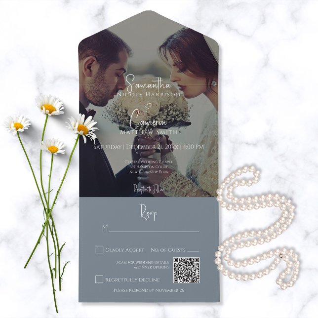 Invitation Tout En Un Photo moderne Dusty Blue élégant Code QR (Créateur téléchargé)
