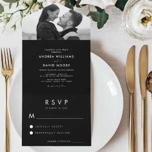 Invitation Tout En Un Photo moderne noir et blanc Mariage RSVP simple